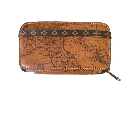 Patricia Nash Map Print Zip Around Leather Wallet Travel Organizer Brown NEW